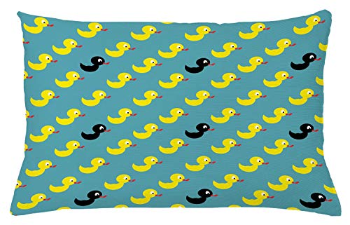 Lunarable Duckies Throw Pillow Cushion Cover, Abstract Bathroom Toy Pattern a Black Rubber Duck Among Yellow Ones Theme, Decorative Square Accent Pillow Case, 26
