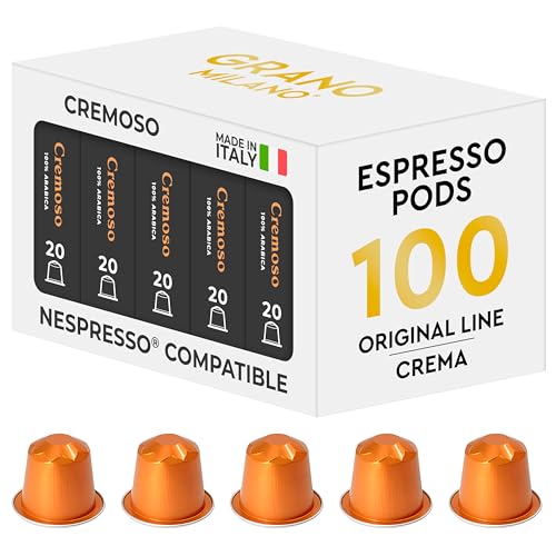 Grano Milano Cremoso Coffee Capsules - 100 Aluminium Coffee Pods Compatible with Nespresso Original line,100% Arabica Medium Roast - Intensity 8/12, Made in Italy