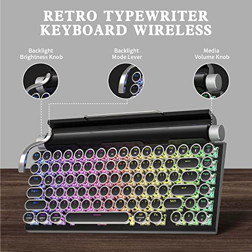 Taiahiro 83-Key Blue Switches Punk Round Keycap Retro Typewriter Keyboard Wireless, Mechanical Gaming Vintage Keyboard, 14 Modes Rainbow Led Backlight, Type-C, Bluetooth 5.0 (Black) #TOP6