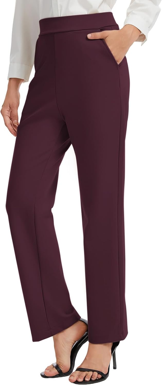 レディース ポンテ プルオン ストレート レッグ ドレスパンツ ゴムウエストバンド サイドポケット付き
