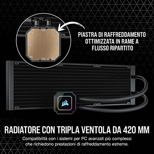 iCUE H170i ELITE CAPELLIX Sistema di Raffreddamento a Liquido per CPU (33 LED RGB CAPELLIX Ultra-Lumino, Radiatore 420mm, Tre Ventole PWM a Magnetica 140 mm, iCUE COMMANDER CORE incluso) - Sistema di raffreddamento - Immagine 2