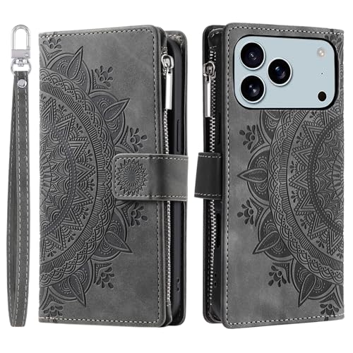 Étui iPhone 17 Pro Max avec béquille et poche zippée gris