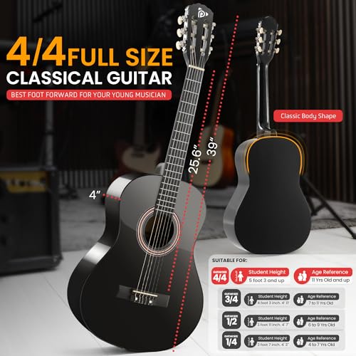 Pyle Beginner Acoustic Guitar Kit, 4/4 Full Size All Wood Build Nylon String Instrument with Capo, Strap, Extra String Set, Gig Bag, Guitars for Beginners Adults Youth, 39" Black Gloss by Pyle - Image 3