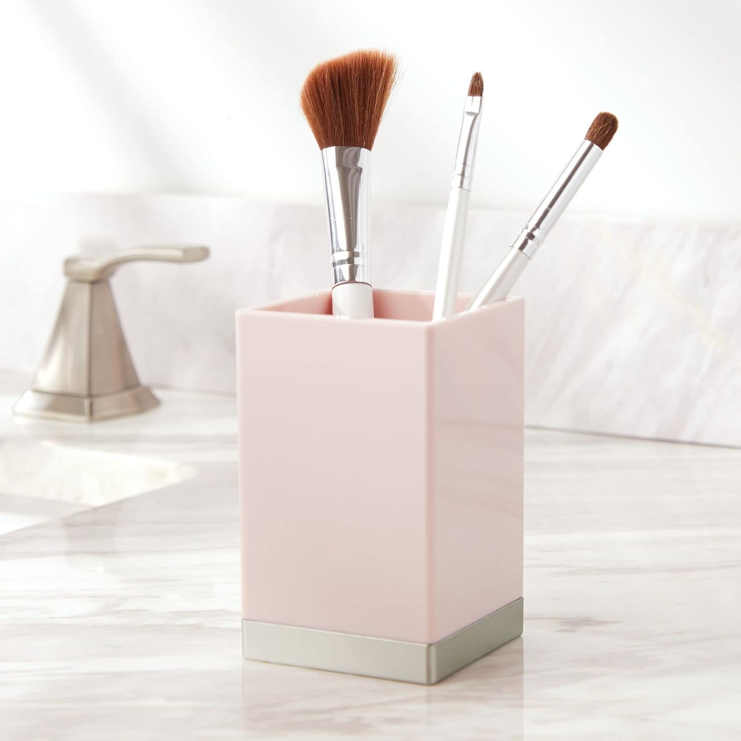 mDesign Square Plastic Bathroom Vanity Countertop Accessory Set - Soap Dispenser Pump, Divided Toothbrush Holder, Tumbler Rinsing Cup - Lumiere Collection - 3 Piece Set - Light Pink/Blush/Brushed