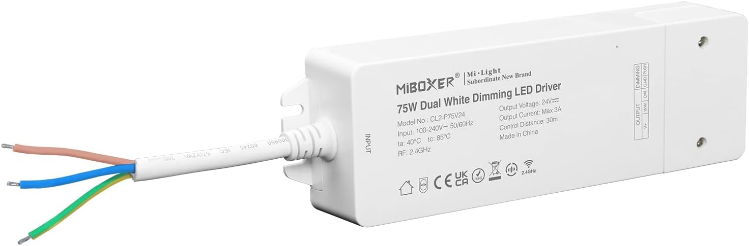 Milight Miboxer 2.4GHz Color temperature dual white LED strip controller dimming driver, 75W 24V CL2-P75V24