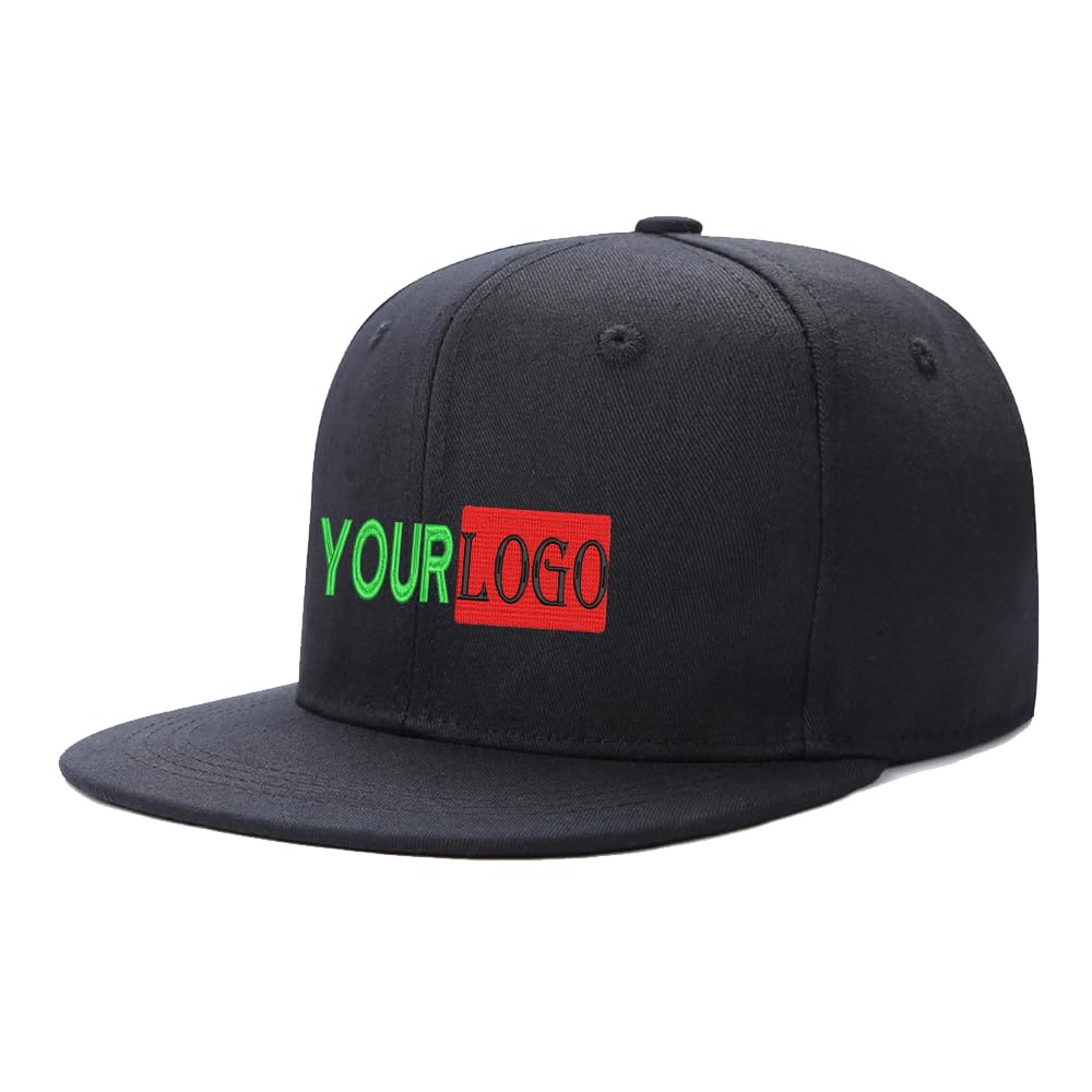 Unisex Black Custom Logo & Text Snapback Hat/Cap | Embroidered Front Hip Hop Flat Bill Hat | Personalized Flat Brim Hats