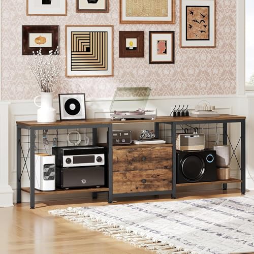 Image of TV Stand with Power Outlet Up to 70 Inch, Entertainment Center with 2 Fabric Drawers, TV Console Table with Open Storage Shelves for TVs, Cable Management, for Living Room, Bedroom, DS16UBRY1