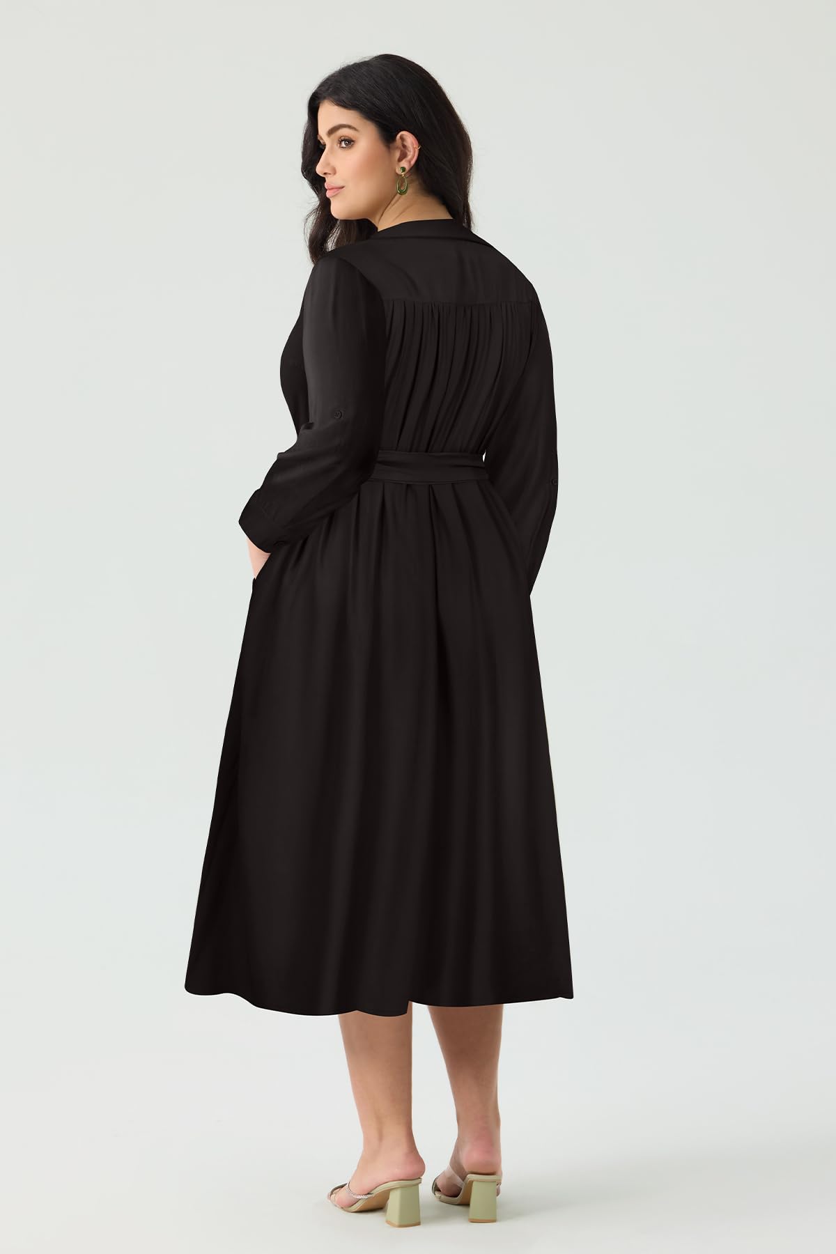 RITERA Übergröße Kleider für kurvige Frauen, langärmelig, Midi, lässig, Hemdkleid, V-Ausschnitt, Knopfleiste, Arbeitskleid mit Tasche, Größe XL-5XL