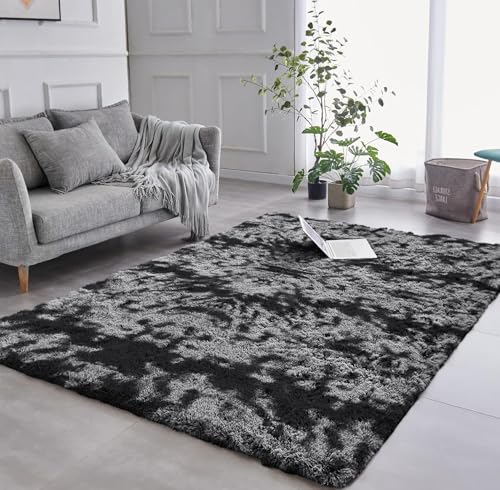 AMEHA Tapis pour salon grand 200x290 cm en laine mohair gris foncé à motifs tie-dye, tapis pelucheux et doux antidérapant pour chambre, moderne pour salon,...