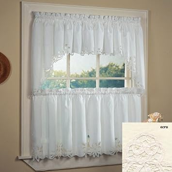Fancy Collection 3pc Off White/Beige with Embroidered Kitchen/Cafe Curtain Tier and Swag Set New # Battenburg