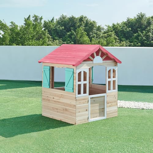 casa.pro Casa de Juegos Lulä con Contraventanas Casita para Niños con Ventanas y Puerta Casa de Madera para Exterior y Jardín de Madera de Abeto 131x115x101 cm