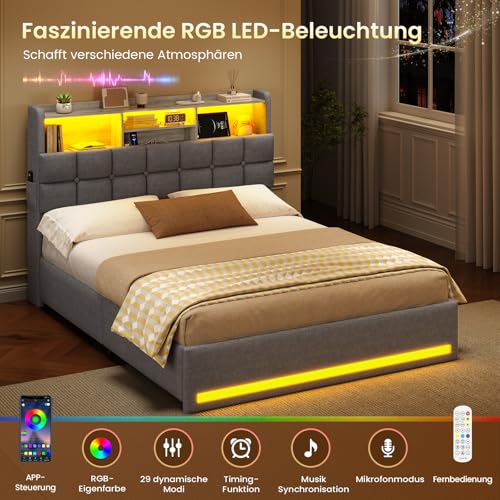 Polsterbett 140×200cm Hydraulisches Stauraumbett mit LED-Bleuchtung Jugendbett mit USB- und Type-C-Anschlüsse Doppelbett Bettgestell mit Holzlatten, Leinenstoff, ohne Matratze (Dunkelgrau, 140x200cm) – Bild 4