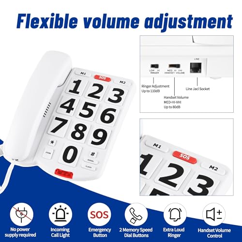 Large Button Phones for Seniors - Corded Landline Phones with Adjustable 110dB+ Loud Ringer & 90dB+ Handset Volume, 3 One-Touch Dial, Easy to Use for Visually/Hearing Impaired Elderly Home Telephone - Image 6