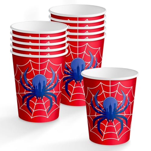 OH YEAH - 10 Unidades - Vaso Cartón Desechable Fiesta Spider - 270 cc - Platos, Vasos, Servilletas - Decoración Mesa Cumpleaños Infantil - Diseño Rojo con Arañas - Celebraciones y Fiestas Temáticas