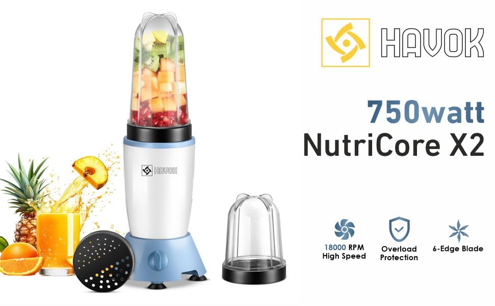 Image of HAVOK NutriCore X2 750W Nutri Blender Mixer Grinder with 2 Jars, Sipper Lid & Seasoning Cap | 18000 RPM High Speed Moto | Personal Juicer for Smoothies, Shakes & Spices, Compact Kitchen Mixer