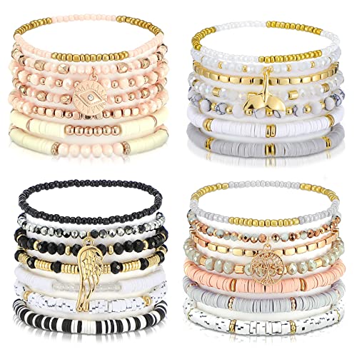 Yaomiao 28 Pcs 4 Set Bohemian Bracelets for Women Summer Beach Stackable Heishi Surfer Bracelet Set Elastic Gold Beaded Boho Friendship Bracelets for Summer Party Holiday Vacation Jewelry Gift