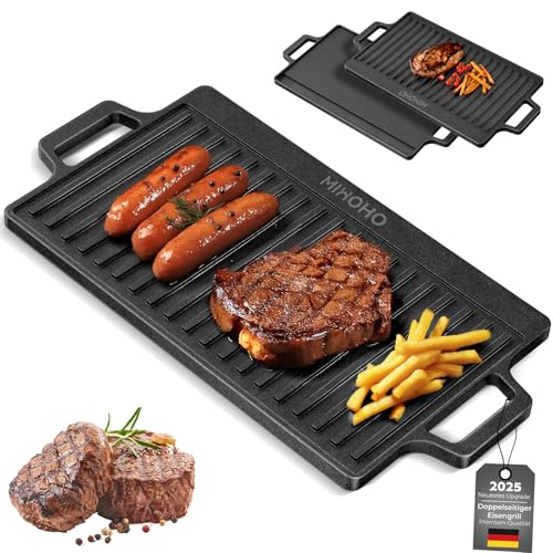 Gussplatte Grillplatte mit Griffen, 45 x 22 cm, antihaftbeschichtete Grillplatte für Gasgrill, Holzkohlegrillplatte für Outdoor/Camping (45CM)