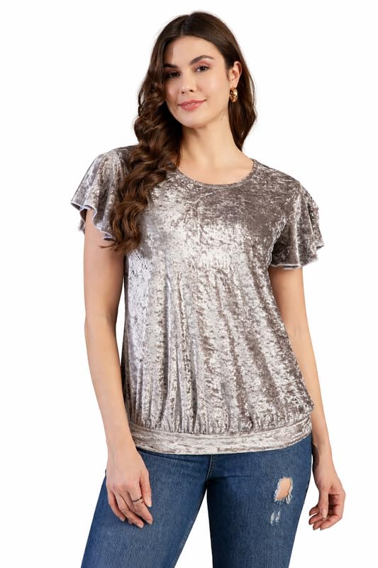 vaararo Crushed Velvet Top for Women | Elegant Soft Touch Fabric with Round Neck & Flutter Sleeve | Stylish Loose Fit Western and Evening Outfit-picture-17
