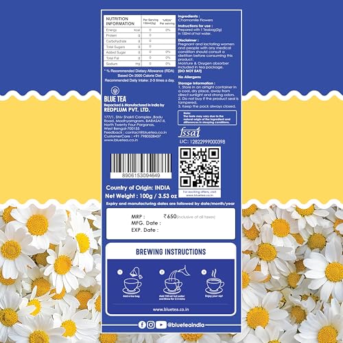 Image of BLUE TEA - Chamomile Tea - 25 Tea Bags (Pack of 2) Plant Based | Sleep & Relaxation | Caffeine Free - Flower Based - Herbal Tea | Single Tear Tea Box | Easy Pull Sachets
