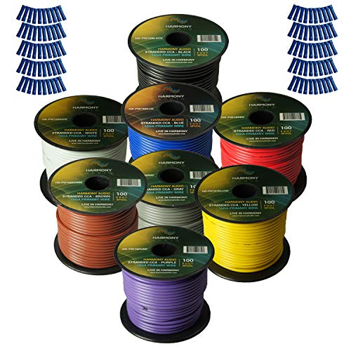 Harmony Audio Primary Single Conductor 16 Gauge Power or Ground Wire - 8 Rolls - 800 Feet - 8 Color Mix for Car Audio/Trailer/Model Train/Remote