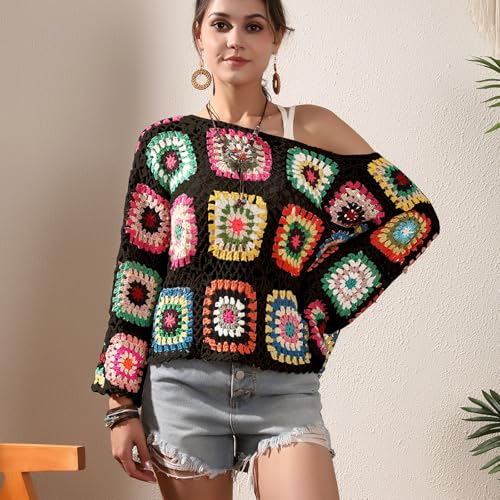 Crochet African Flower Granny Square Pullover Colorful Block Sweater Knitted Cover Up Hollow Out Long Sleeve Beach Outfits3