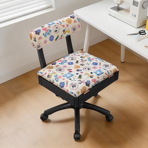 Lessmore Adjustable Height Sewing and Crafting Chair with Wheels Back Support and Under Seat Storage - Perfect for Your Craft Room Furniture and Craft Machines (Pattern-Beige)