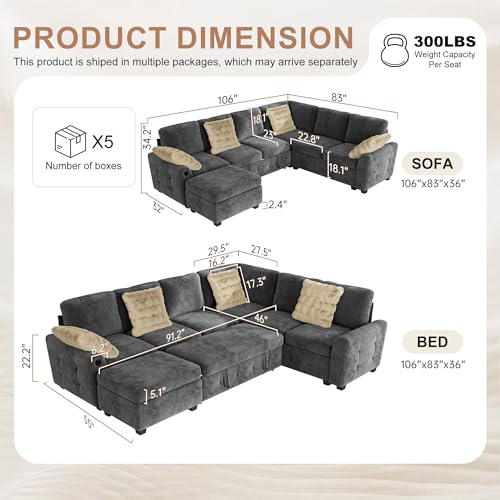 Image of Hanherry Sectional Couch with Pull Out Sofa Bed,Chenille Sleeper Sofa with Storage Ottoman & USB Charging,Comfy L Shaped Modular Couches for Living Room,Apartment