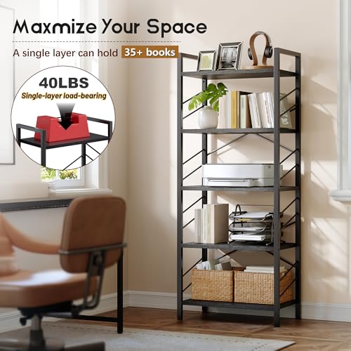 Image of DurayLoly 5-Tier Bookshelf, Black Metal Bookshelf for Home Office, Black | Robust Steel Frame, Stable X-bracing Design, Large Capacity