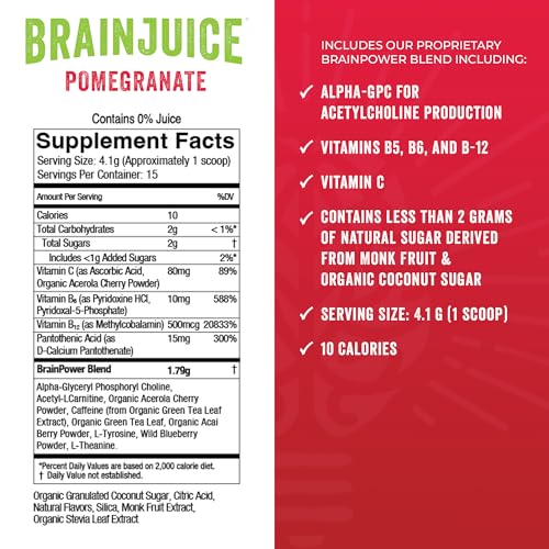 Image of BrainJuice Nootropics Brain Support Supplement, Gluten Free Powder for Energy and Focus, Drink Mix with L Theanine, Alpha GPC, Vitamin B, Organic Green Tea Extract (Pomegranate)