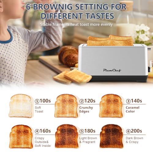 Image of Plum chef 4-Slice Toaster, Extra Wide Long SIot Toaster, 6 Browning Settings, Bagel /Defrost /Reheat Functions, Removable Crumb Tray (Stainless Steel)