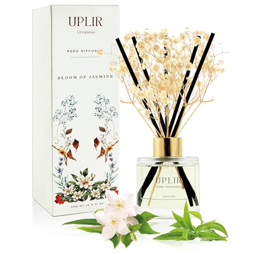 UPLIR Flower Reed Diffusers for Home with 1 Jasmine & White Tea Double Essential Oil, 3.4 oz (100ml) - Elegant Reed Diffuser Set with 5 Sticks for Home Decor, Bathroom, Any Room, Housewarming Gift