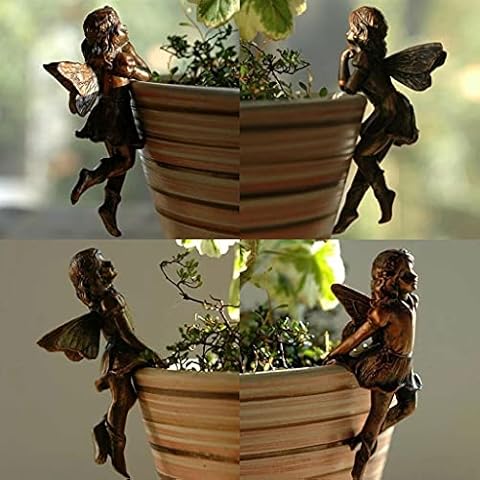 QIANSHENG 4PCS Miniature Fairies Pot Huggers Mini Fairy Garden Planter Pot Hanger Flower Pot and Vase Huggers Resin Vintage Bronze Angel Statue Flying Fairies Figurines Home Office Desk Ornaments Cover