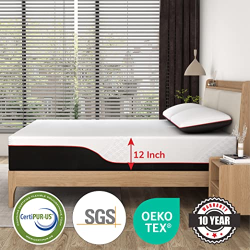 Image of MLILY 12 Inch Queen Mattress, Manchester United Memory Foam Medium Plush Mattress in a Box, Charcoal Gel Cooling Bamboo Mattress, CertiPUR-US Certified Made in USA, 38 inchx75 inchx12 inch White