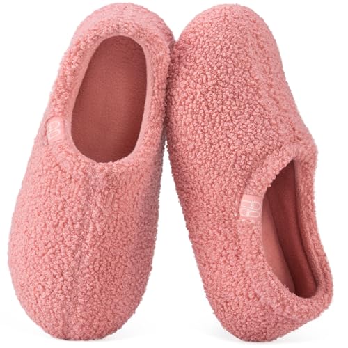 HomeTop Women's Fuzzy Curly Fur Memory Foam Loafer Slippers Bedroom House Shoes with Polar Fleece Lining (9-10, Pink)