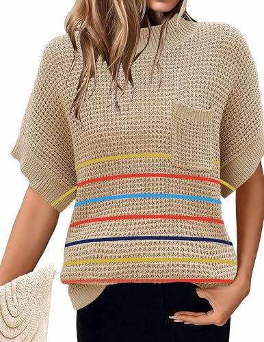 Image of Women 2026 Sweater Vest Mock Neck Batwing Short Sleeve Oversized Ribbed Knit Tops Fall Pullover Sweater S-XXL