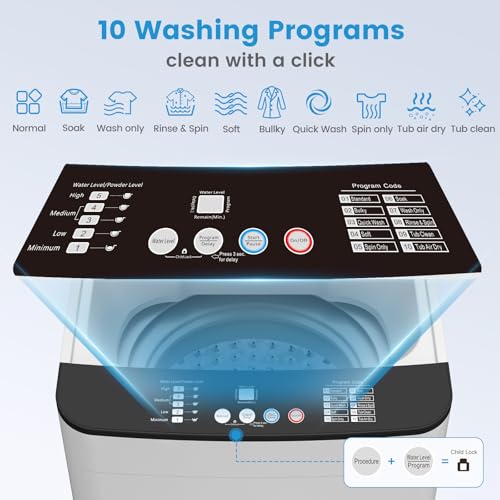 Image of VCJ Portable Washing Machine, 28 Lbs Full-Automatic Portable Washer with 10 Wash Cycles, 24 H Delays, LED Display, Electric Laundry Machine for Apartment, RVs, Dorms