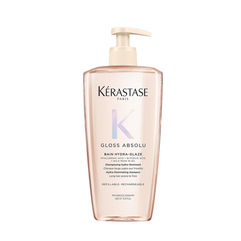 Kérastase Gloss Absolu Refillable Shampoo for All Hair Types with Glycolic Acid, Hyaluronic Acid & Wild Rose 500ml