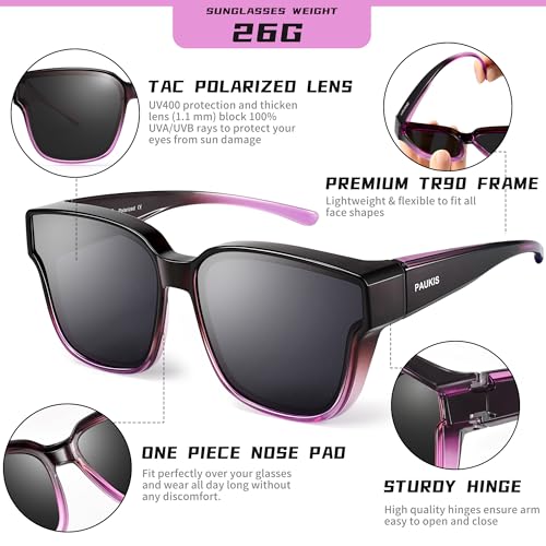 Sunglasses to Fit Over Glasses for Women, Oversized Solar Shields Trendy Sun Shades Polarized UV400 Protection - Gloss Purple Gradient Frame - Grey Lens4