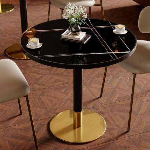 Image of 31.5 inchTulip Table, Sintered Stone Small Round Dining Tables&Metal Edge&Base | Small Modern Circle Dining Table for 2-4 Person ,Bistro Tables for Dining Room /Restaurants /Small Spaces /Marble Black Gold