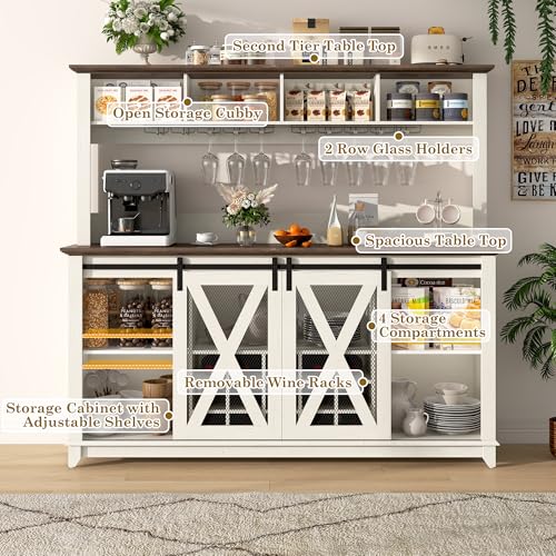 63"Wide 58"H Farmhouse Coffee Bar Cabinet with LED Light,Wine Bar Cabinet w/ 4 Storage Hutch,Kitchen Buffet Cabinet w/Sliding Barn Door & 15 Wine and Glass Racks for Kitchen Dining Room(Antique White) - Image 6