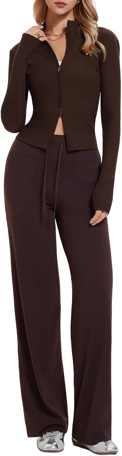 Women's 2 Piece Sets Double Zip Up Top Long Sleeve & Wide Leg Pant Lounge 2025 Fall Tracksuit Casual Sweatsuit Travel Outfit