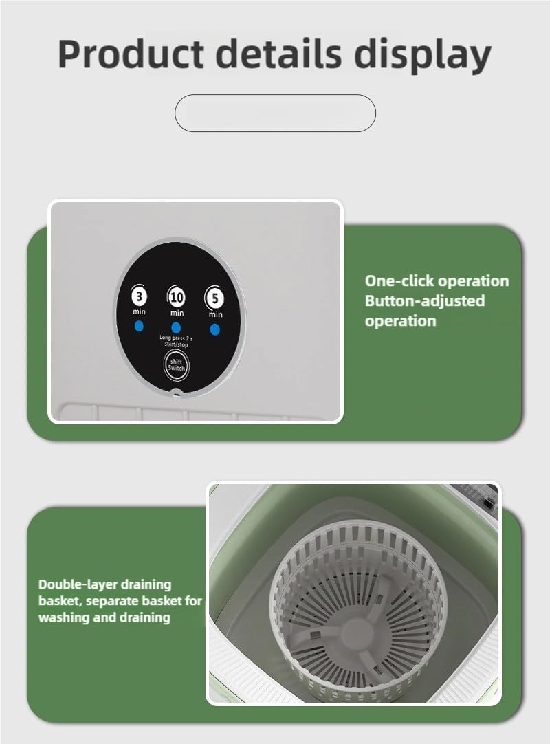 12L Green Folding Portable Washing Machine for Travel with Large Capacity, Integrated Wash and Drain Function, Third-Speed Timing, Hand-Washing Simulation, Detachable Drain Basket