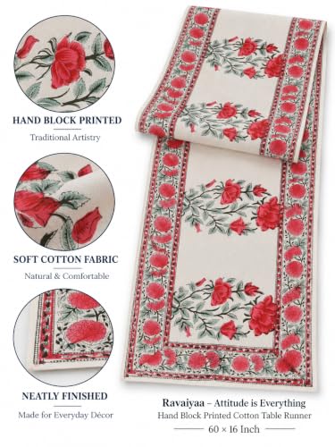 Image of Ravaiyaa - Attitude is Everything Hand Block Printed Cotton Table Runner | Floral Printed Table Runner for Home Decor, Kitchen | 60 x 16 Inch-(Red Lotus)