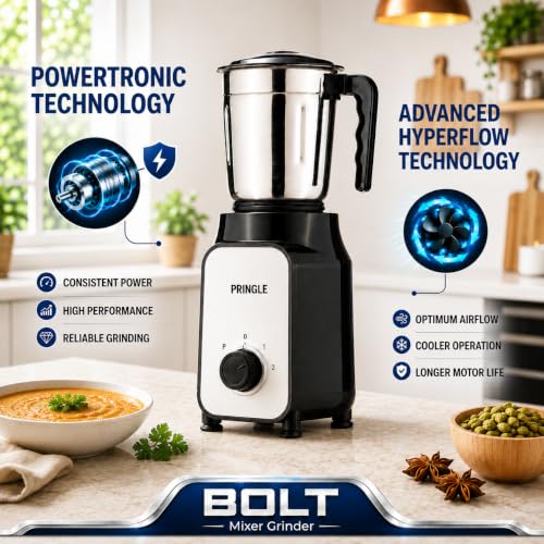 Image of Pringle Bolt 550W 2 Jar Mixer Grinder for Kitchen | 2 SS Jars (Wet & Dry Grinder & Chutney) | Stainless Steel Blades | Compact & Powerful | 2 Yr Warranty | Black Silver