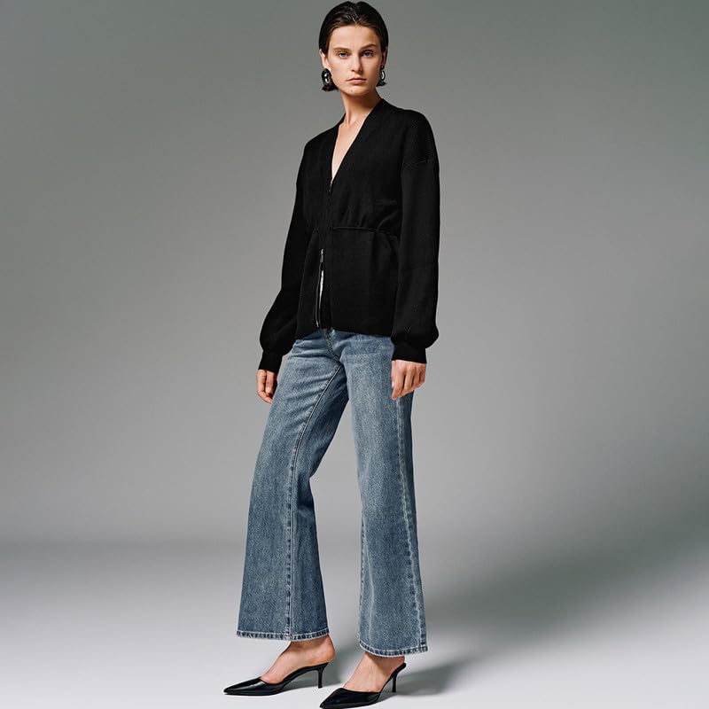 URBAN REVIVO Women's Zip Up Cardigan Sweater with Balloon Sleeves, V-Neck Knit Open Front Long Sleeve Coat for Casual Outwear - Image 8