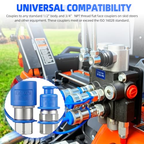 Image of 3 /4'' NPT Flat Face Hydraulic Quick Connect Couplers /Couplings Set w /Dust Caps ISO 16028 Standard, Skid Steer Bobcat 3 /4 Body Quick Disconnect 2Set