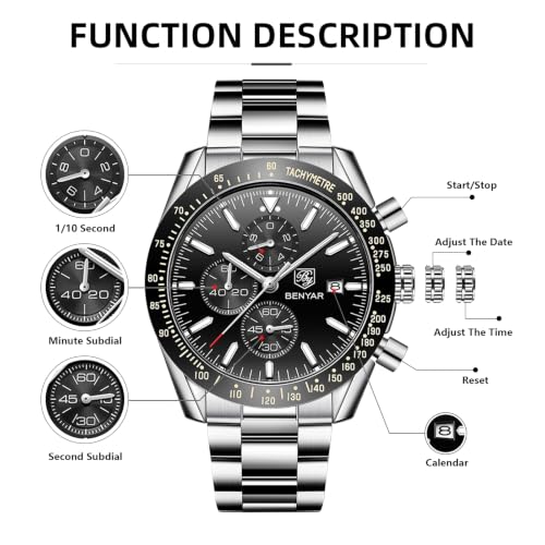 Image of BENYAR Mens Watches Quartz Movement Chronograph Leather Strap Fashion Business Sport Design 30M Waterproof Scratch Resistant Elegant Gifts for Men