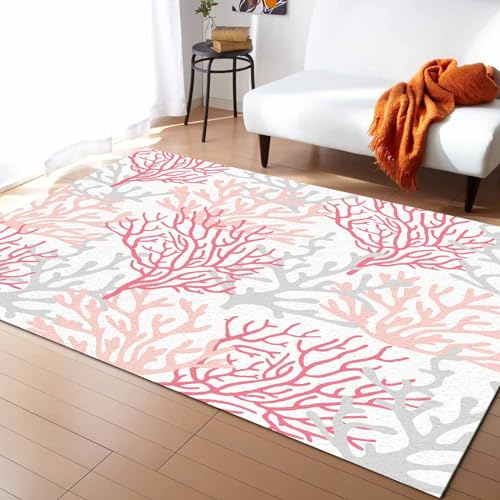 Image of 5x7 Area Rug Ocean Coral Orange Pink Living Room Rug Washable Rug Soft Large Summer Ombre Gray Pink Orange Area Rug Non-Slip Lightweight Non-Shedding Floor Carpet for Bedroom Office Decor