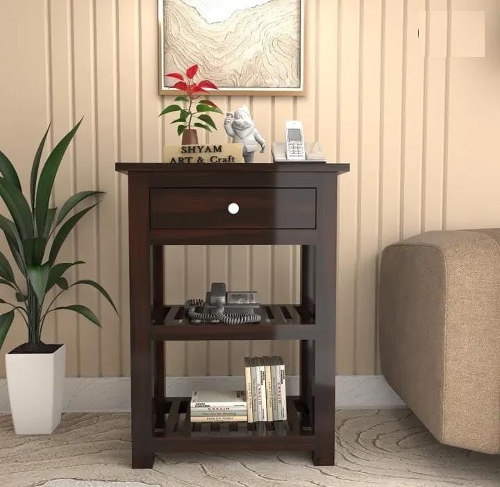 Image of SHYAM ART & CRAFT Solid Sheesham Wood Bedside Table with 3 Drawers Storage | Handcrafted Timber Nightstand and Utility Side Cabinet for Bedroom & Guest Room | Walnut Finish