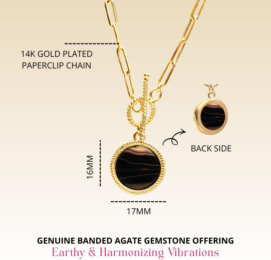 Gempires Gemstone Coin Front Toggle Pendant Necklace for Women with Gold Paperclip Chain, Natural Crystal Pendant with Toggle Clasp, Handcrafted Perfect Jewelry Gift for her